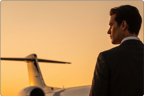 Traveler beside a private jet at sunset